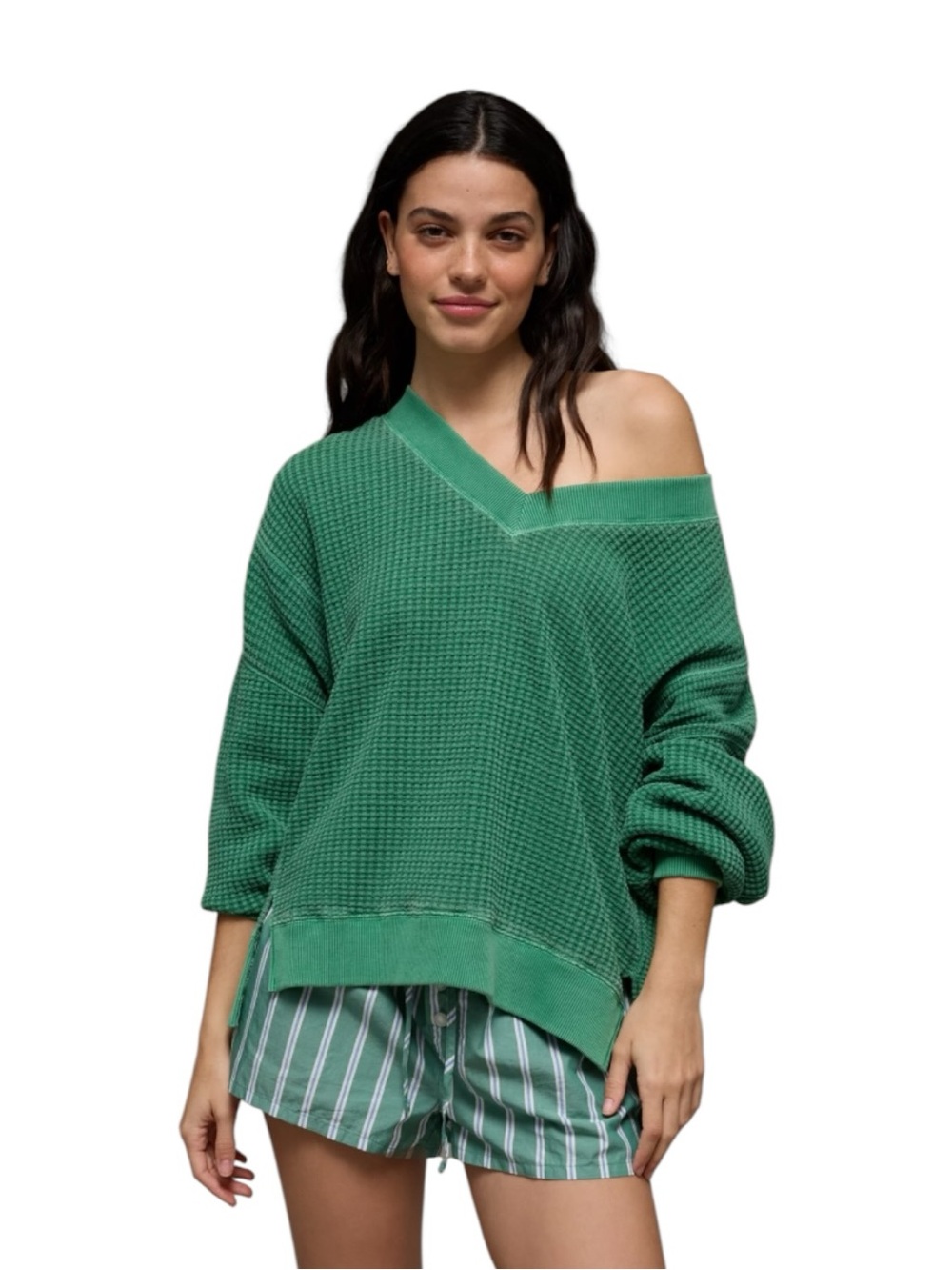 American Eagle Big Hug V-Neck Waffle Sweatshirt Leaf Green